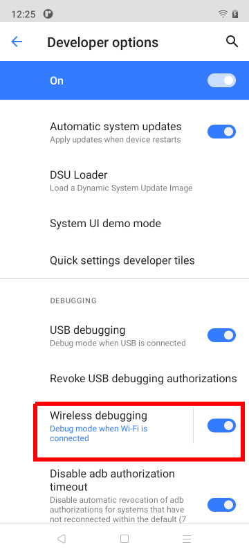 developer options - enable wireless debugging