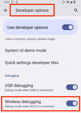 developer options & wireless debugging